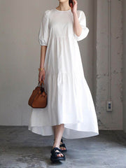 Half Sleeves Puff Sleeves Breathable See-Through Solid Color Round-Neck Midi Dresses