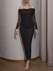 Pleated See-Through Sequined Solid Color Split-back Split-Joint Long Sleeves Skinny Tube Evening Dresses