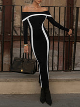 Bodycon Long Sleeves Contrast Color Split-Joint Off-The-Shoulder Evening Dresses Maxi Dresses