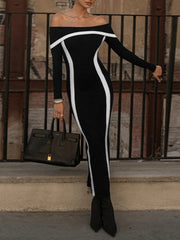 Bodycon Long Sleeves Contrast Color Split-Joint Off-The-Shoulder Evening Dresses Maxi Dresses
