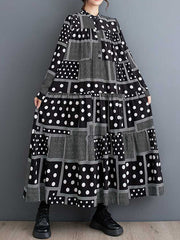 Buttoned Polka-Dot Printed Split-Joint Long Sleeves Loose Midi Dresses