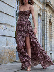 Flower Printed Ruffled Sleevless Spaghetti-Neck Split-Side Maxi Dresses