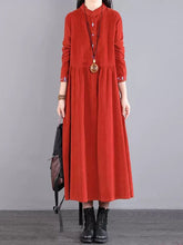 Vintage Corduroy Long Sleeves A-Line Embroidered Solid Round-Neck Midi Dresses