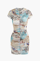 Renaissance Print Ruched Mesh Short Sleeve Mini Dress