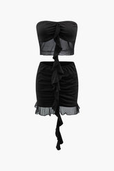 Ruffle Ruched Strapless Mesh Top And Mini Skirt Set
