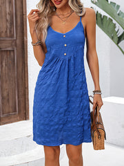 Buttoned Pleated Solid Color A-Line Loose Spaghetti-Neck Mini Dresses