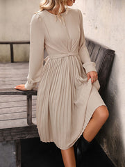 Long Sleeves Loose Pleated Solid Color Split-Joint Tied Waist Round-Neck Midi Dresses