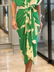 Pleated Printed Tied Waist Loose Short Sleeves Lapel Shirt Dress Maxi Dresses