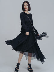 Urban Drawstring Long Sleeves Black Gauze Midi Dress
