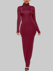 Bodycon Long Sleeves Solid Color High Neck Maxi Dresses