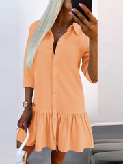 Buttoned Pleated Solid Color Split-Joint Long Sleeves Loose Lapel Shirt Dress Mini Dresses