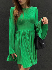 High-Waisted Pleated Solid Color Zipper A-line Flared Sleeves Round-neck Mini Dresses