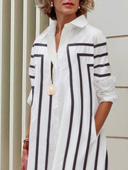 Buttoned Striped Half Sleeves Loose Lapel Shirt Dress Midi Dresses