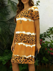 Loose Short Sleeves Leopard Round-Neck Midi Dresses
