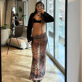 Leopard Mesh Skirt Women's Sexy See-through Mesh Skirt Fashion Printed Patchwork Slim Party Retro Long Skirt Streetwear