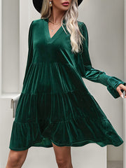 Pleated Solid Color Velvet A-Line Long Sleeves V-Neck Mini Dresses