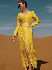 Vacation Loose A-Line Lace-Up Embroidered Solid Color V-Neck Dress