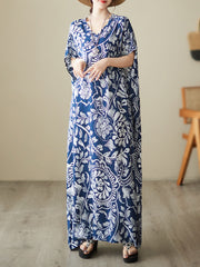 Floral Printed Loose Short Sleeves V-neck Maxi Dresses