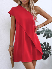 Asymmetric Solid Color A-Line False Two One-Shoulder Mini Dresses