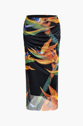 Printed Ruched Slit Maxi Skirt