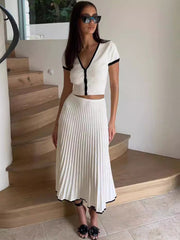 Ruffle Knitted Skirt Sets Women Summer Deep V Neck Crop Tops Female Holiday Elegant Dress Sets 2 Piece Womens Outfits NewChristmas Gifts