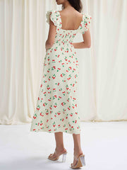 Buttoned Elasticity Flower Print Pleated High Waisted Loose Square-neck Midi Dresses