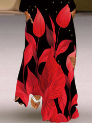 Long Sleeves Loose Contrast Color Printed Split-Joint V-Neck Maxi Dresses