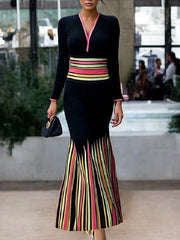 Long Sleeves Skinny Colorful Contrast Color Striped V-Neck Maxi Dresses