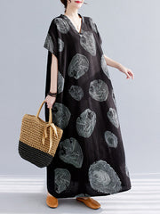 Casual Short Sleeves Loose Contrast Color Printed V-Neck Maxi Dresses