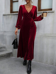 Elasticity Solid Color Split-Front Split-Joint Tied Waist Velvet A-Line High Waisted V-Neck Maxi Dresses