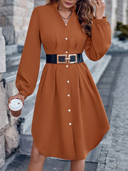 Buttoned No Belt Pleated Solid Color Long Sleeves Loose V-neck Shirt Dress Midi Dresses