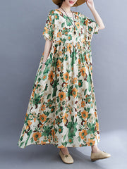 Floral Printed Pleated Split-Joint Loose Short Sleeves Round-Neck Midi Dresses