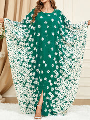 Batwing Sleeves Loose Flower Print Muslim Split-Front Round-Neck Maxi Dresses