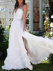 White Color Euffled Sleevless Spaghetti-Neck Split-Side Maxi Dresses