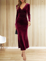 Bodycon Long Sleeves Pleated Solid Color Split-Joint V-Neck Evening Dresses Maxi Dresses