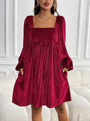 A-Line Long Sleeves Pleated Shiny Solid Color Tied Velvet Square-Neck Mini Dresses
