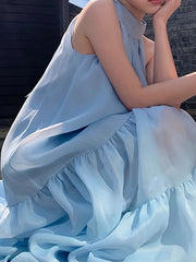 Solid Color Loose Sleeveless Halter-Neck Midi Dresses