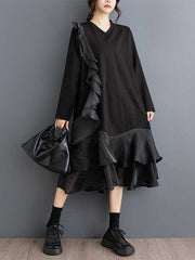 Contrast Color Pockets Ruffle Trim Split-Joint A-Line Long Sleeves V-Neck Midi Dresses