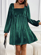A-Line Long Sleeves Pleated Shiny Solid Color Tied Velvet Square-Neck Mini Dresses