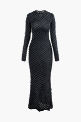 Textured Round Neck Long Sleeve Maxi Dress