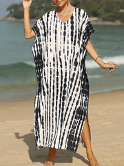 Printed Split-Side Sun Protection Loose Short Sleeves V-Neck Maxi Dresses