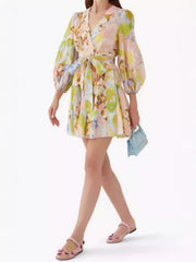 Floral Print Three-Quarter Sleeves Ruffled Mini Dresses
