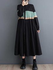 Buttoned Contrast Color Elasticity Split-Joint Long Sleeves Loose Round-neck Midi Dresses