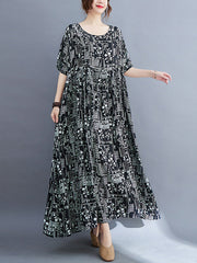 Vacation Loose Short Sleeves Floral Printed Contrast Color Round-Neck Midi Dresses