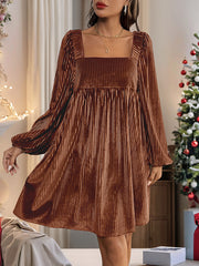 Pleated Shiny Solid Color Tied Velvet A-Line Long Sleeves Square-Neck Mini Dresses