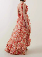 Flower Printed Sleeveless V-Neck Elegant Gauze Maxi Dresses