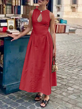 Buttoned Elasticity Pleated Solid Color A-Line Loose Round-Neck Maxi Dresses