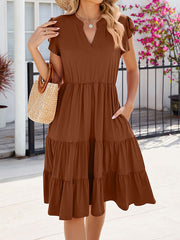 Loose Ruffle Sleeves Pleated Pockets Solid Color Split-Joint V-Neck Midi Dresses