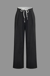 Contrast Drawstring Pleated Straight Leg Pants