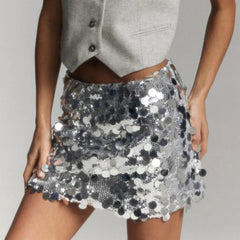 Fashion High Waisted Sequins Skirt For Women Sexy Hip Wrap Mini Skirts Solid Color Splice Glitter Skirt Female Streetwear
